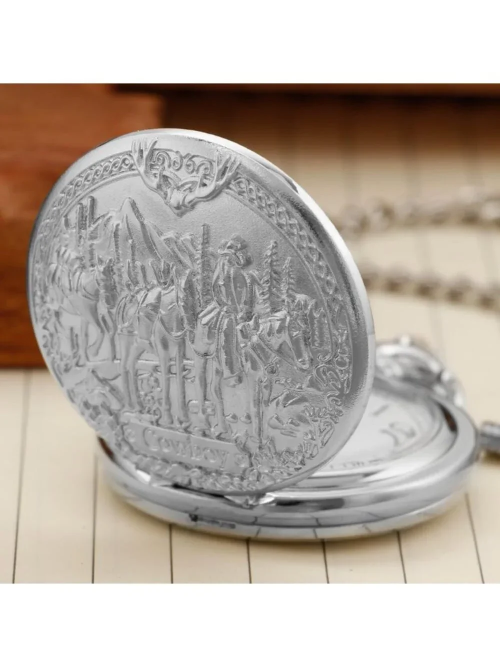 Men's Silver Analog Quartz Arabic Numerals Engraved Cowboy Vintage Pocket Watch